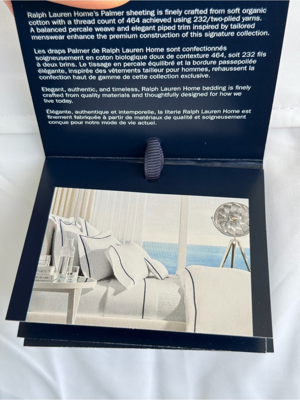 Ralph Lauren Palmer Percale Queen Flat Sheet Organic Cotton 464TC Navy Trim NWT - Picture 4 of 8